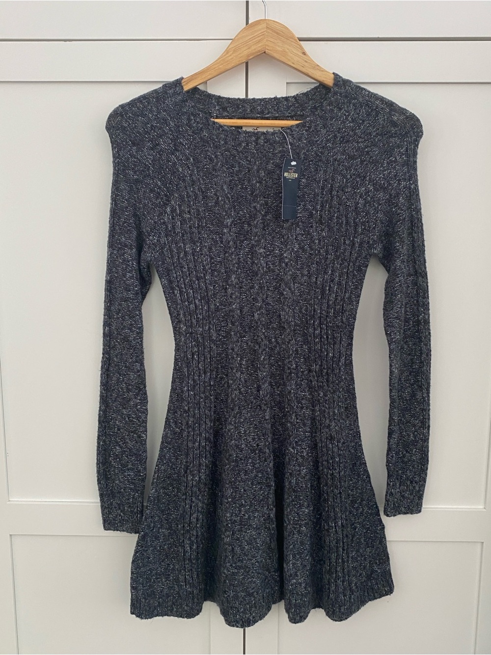 Hollister Charcoal Grey Marled Cable Knit Long Sleeve Fit Flare Sweater Dress S